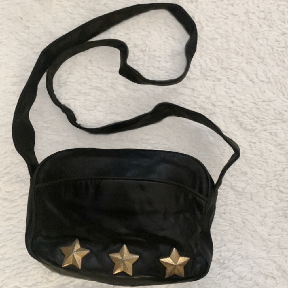 VINTAGE 80s Black Leather Gold Star Crossbody Bag